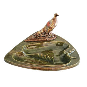 Vintage MCM 1960's Hand Painted Vibrant Large Glazed Ceramic Pheasant Ashtray